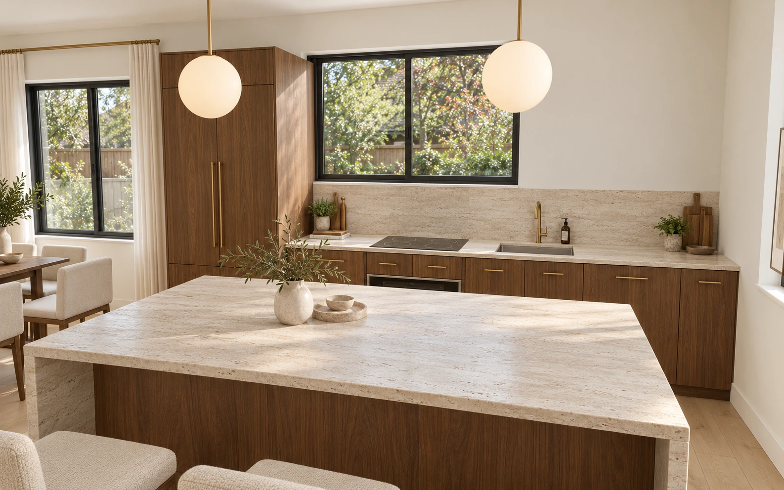 Walnut cabinetry, honed travertine and champagne bronze