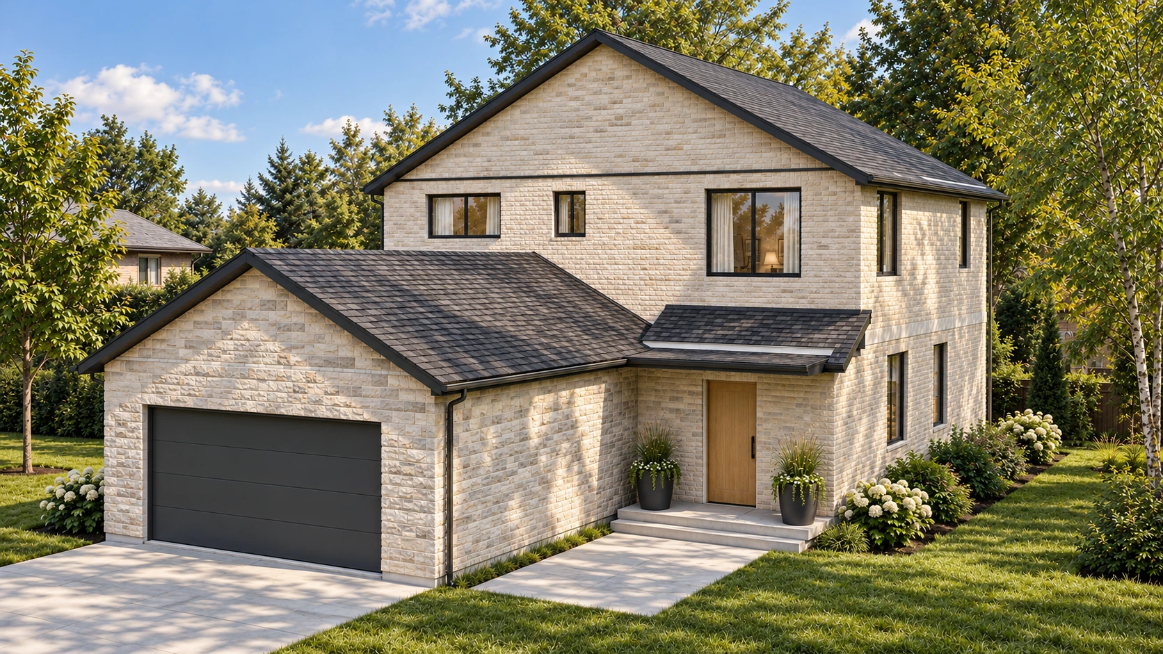Cream masonry, natural stone and a sheltered oak entry