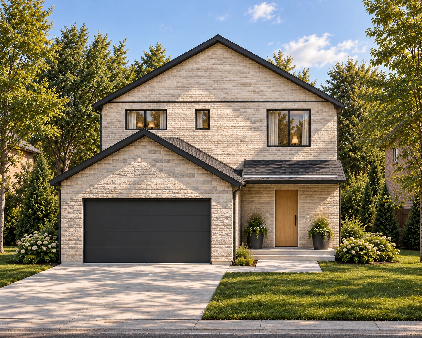 Straight-on front view of Maple Crest with cream masonry, charcoal pitched roofs, a double garage and a sheltered oak entry