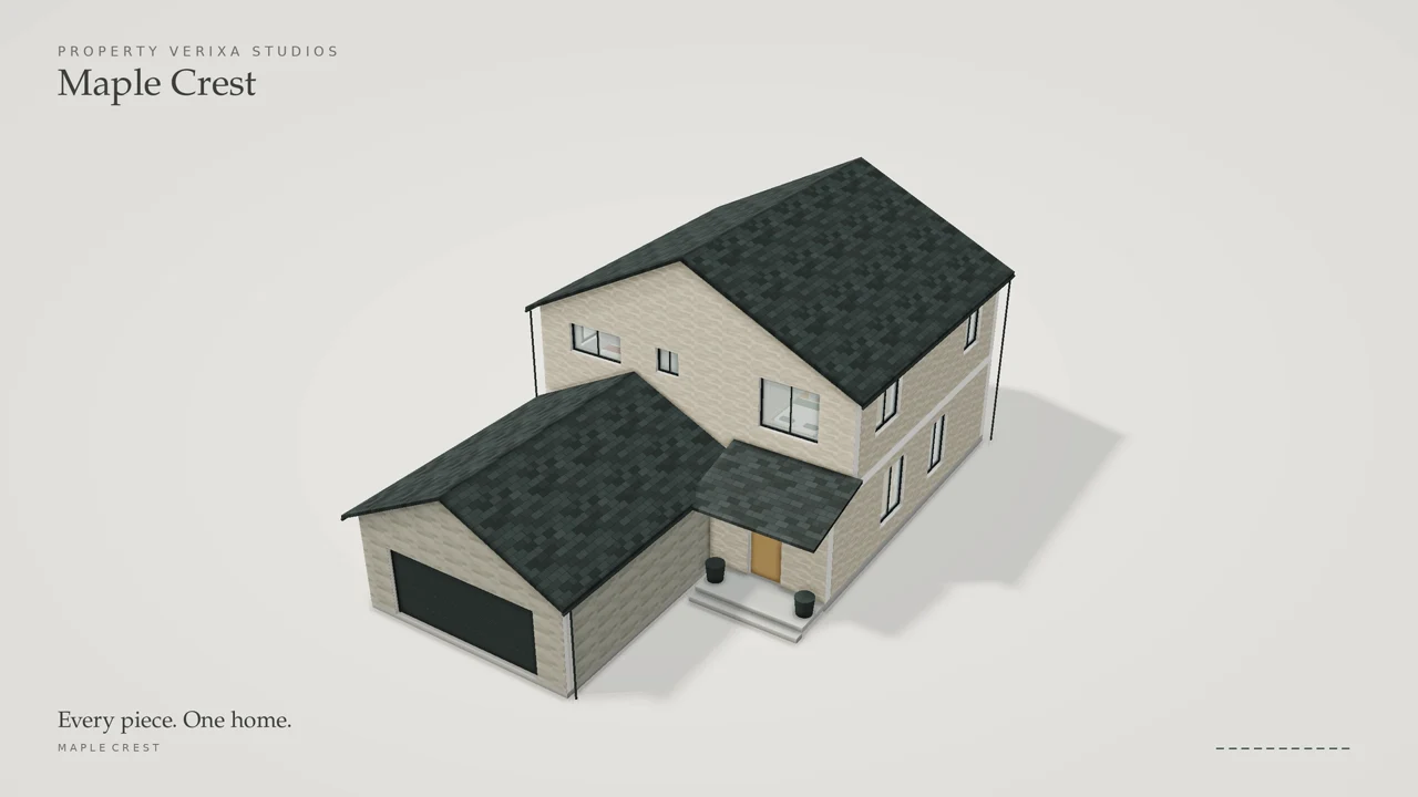The completed Maplecrest miniature with cream walls and charcoal roofs