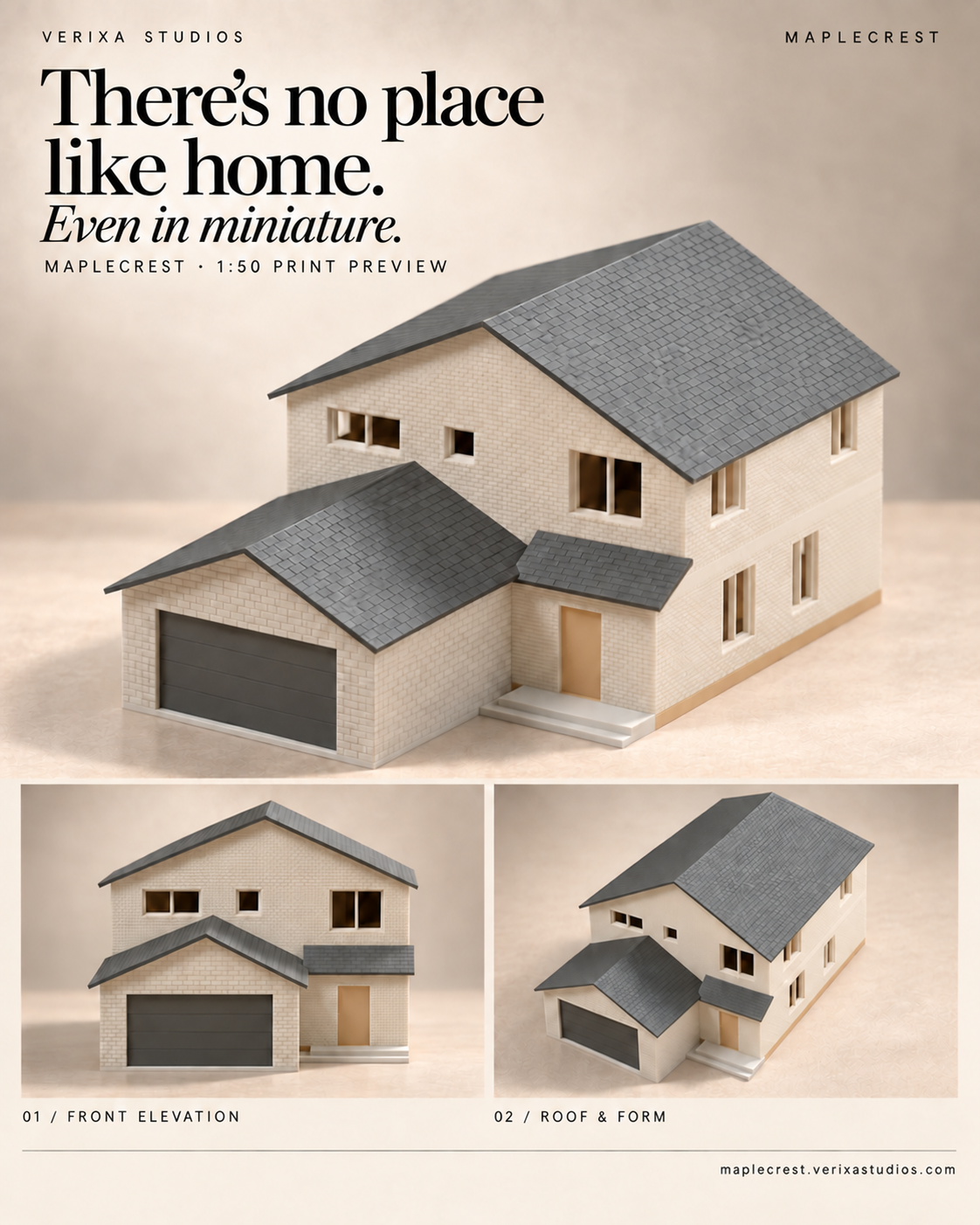 Maplecrest 1:50 exterior print preview showing the cream-brick house, double garage and grey pitched roofs from three angles