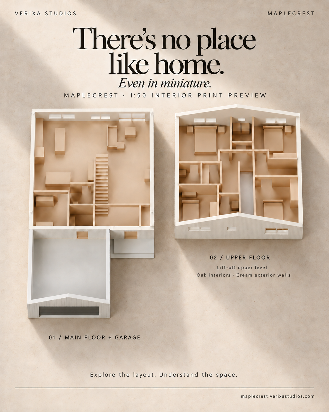 Maplecrest 1:50 interior print preview showing the main floor and garage beside the removable upper floor, with oak-tone interiors and cream exterior walls